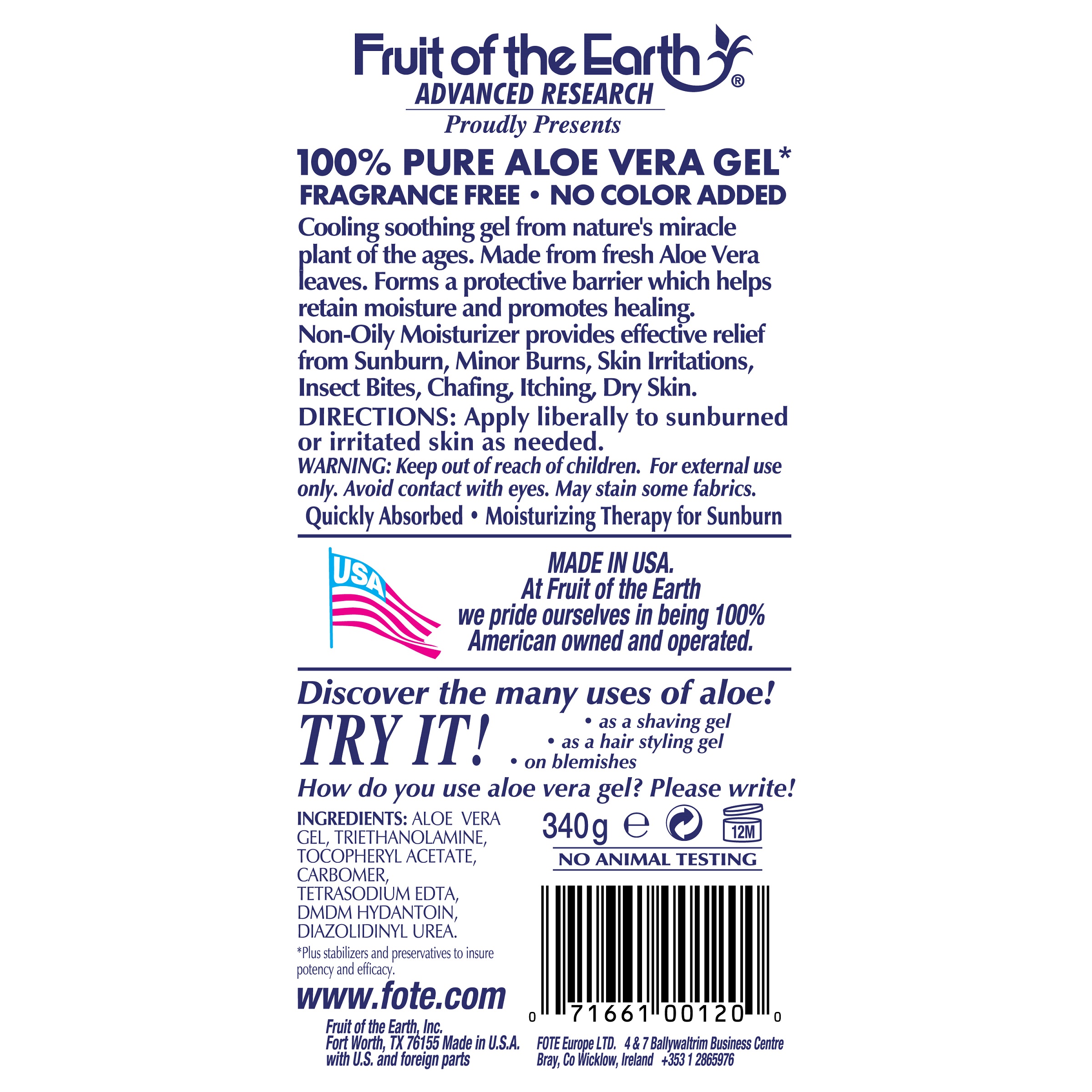 Fruit of the Earth, 알로에 베라 100% 젤, 12 oz (340 g)