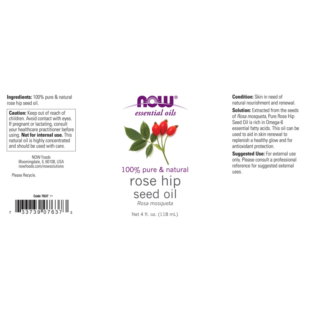 나우 Now, 100% 퓨어, 로즈힙 시드 에센셜 오일, 4 fl oz (118 ml)