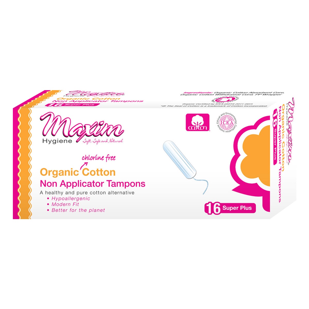 Maxim Hygiene, 유기농 어플리케이터 없는, 탐폰, 슈퍼 플러스, 16 탐폰