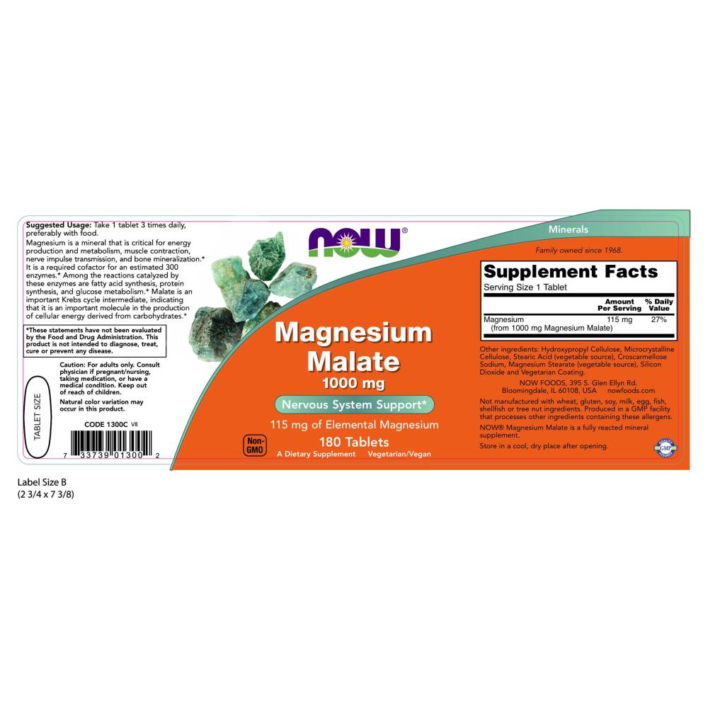 나우 Now, 마그네슘 Malate 1000 mg, 180 타블렛