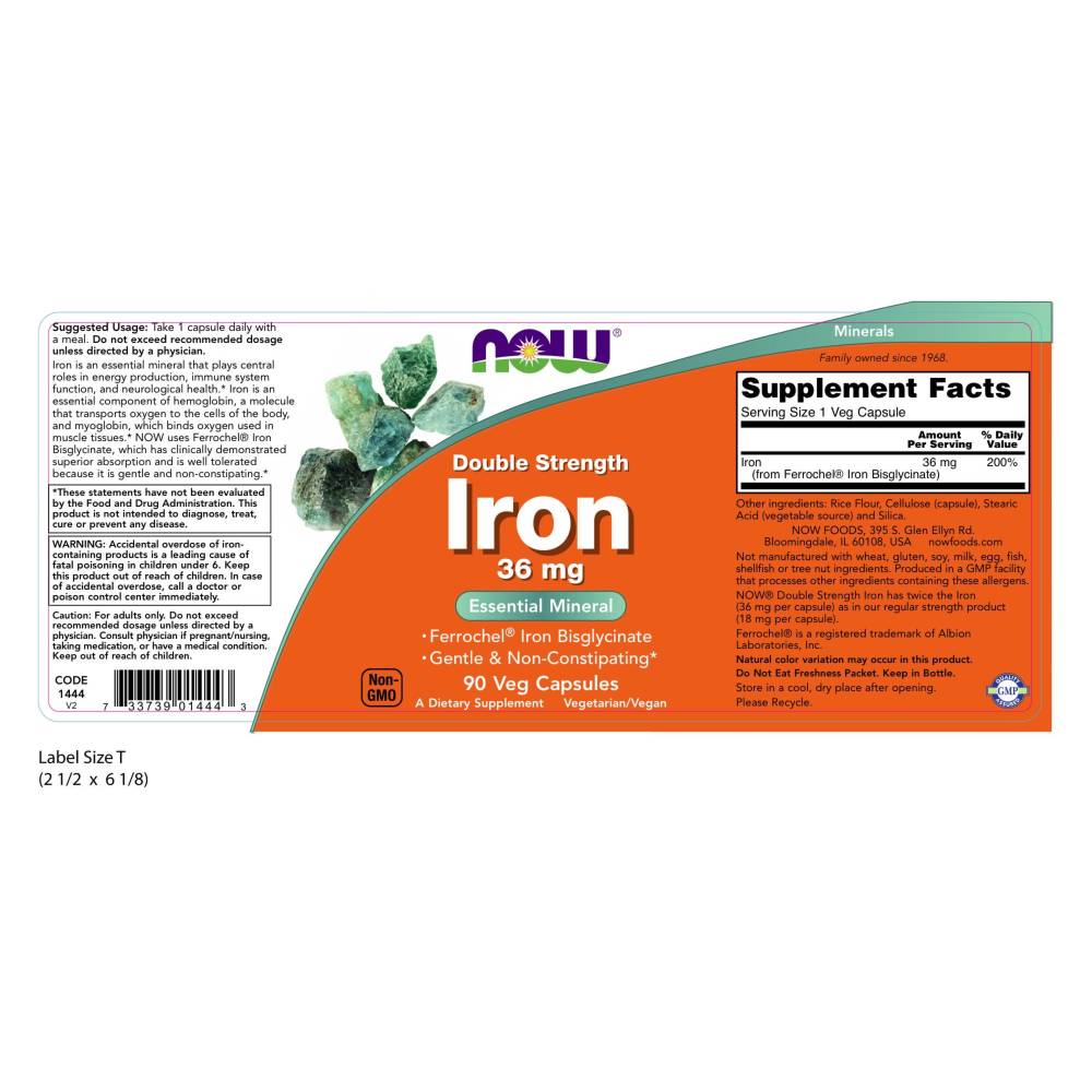  나우 Now, Iron, 두배 강한, 36 mg, 90 식물성 캡슐