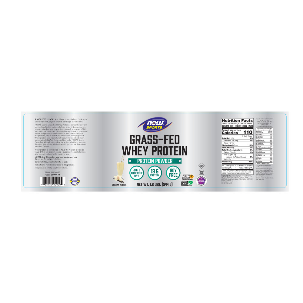 나우 Now, Grass-Fed 웨이 프로틴, 크리미 바닐라 파우더, 1.2 lbs (540 g)